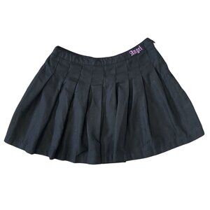 Faded Roses Large Black Pleated Mini Skirt with Angel Embroidered in Pink